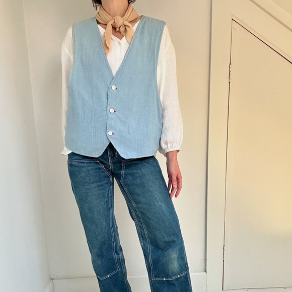 Vintage L.L. Bean Reversible Chambray Denim & Floral Print Vest Small - Picture 1 of 6